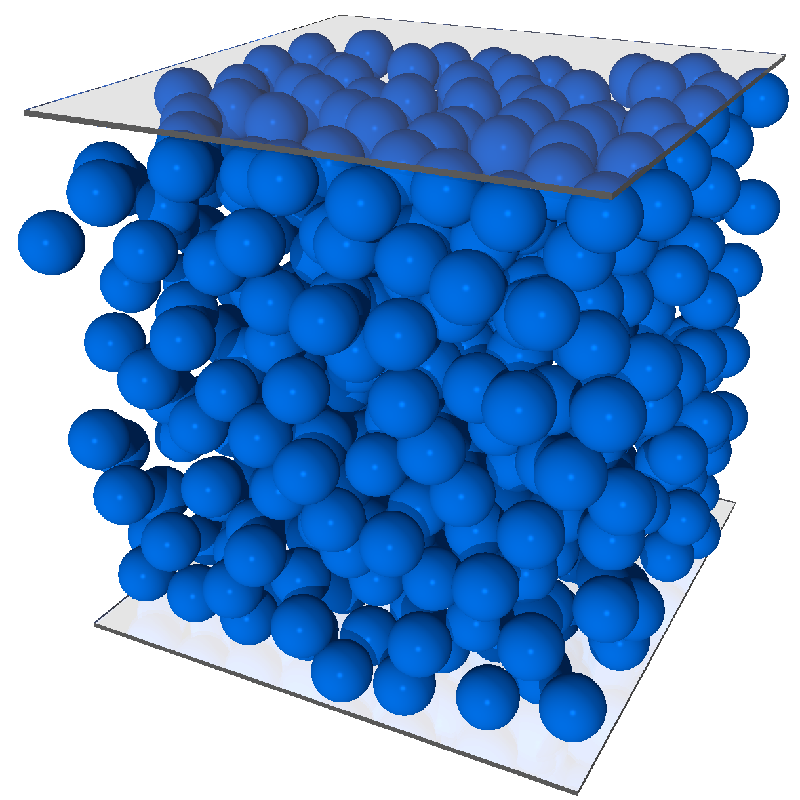 Ray-trace image from povray showing sheared suspension of spheres with glass bounding walls.