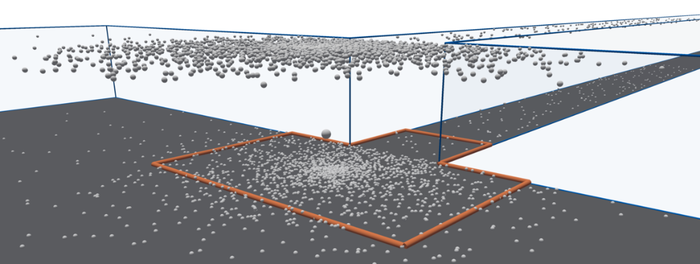 Drawing made with povray indicating the trapping of DNA at the contraction point wihtin the microfluidic device.